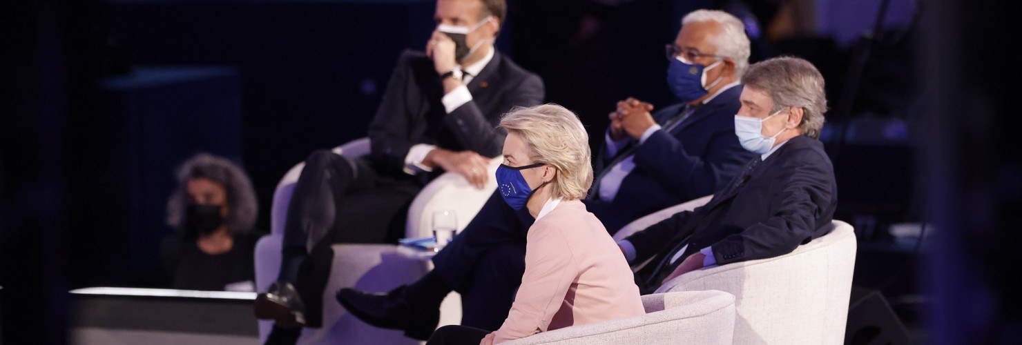 uropean Commission President Ursula von der Leyen , European Parliament President David Sassoli , Portugal's Prime Minister Antonio Costa and French President Emmanuel Macron listen to speeches during the Future of Europe conference at the European Parliament in Strasbourg