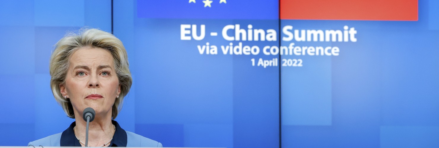 European Commission President Ursula von der Leyen speaks during a media conference at the end of an EU China summit at the European Council building in Brussels, Friday, April 1, 2022