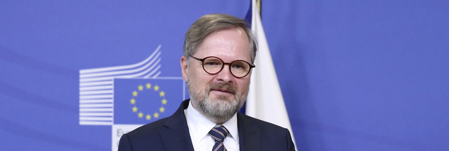 Czech Republic's Prime Minister Petr Fiala speaks during a media statement with European Commission President Ursula von der Leyen prior to a meeting in Brussels, Thursday, Feb. 17, 2022