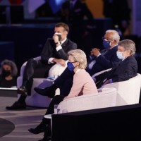 uropean Commission President Ursula von der Leyen , European Parliament President David Sassoli , Portugal's Prime Minister Antonio Costa and French President Emmanuel Macron listen to speeches during the Future of Europe conference at the European Parliament in Strasbourg