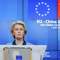 European Commission President Ursula von der Leyen speaks during a media conference at the end of an EU China summit at the European Council building in Brussels, Friday, April 1, 2022