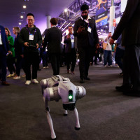 The Unitree Go2, a dog-inspired quadruped robot designed by the Chinese robotics company, is being showcased at the Mobile World Congress 2024 in Barcelona, Spain, on April 3, 2024.
