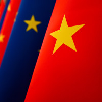 The European Union and Chinese flags. 