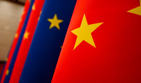 The European Union and Chinese flags. 